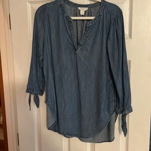 Denim shirt with tie sleeves